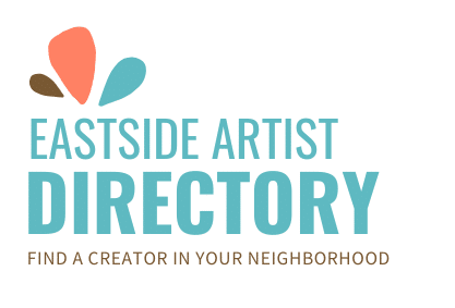 Logo for Eastside Artist Directory featuring abstract paint drop shapes above the text, with the tagline "Find a creator in your neighborhood" in brown below.