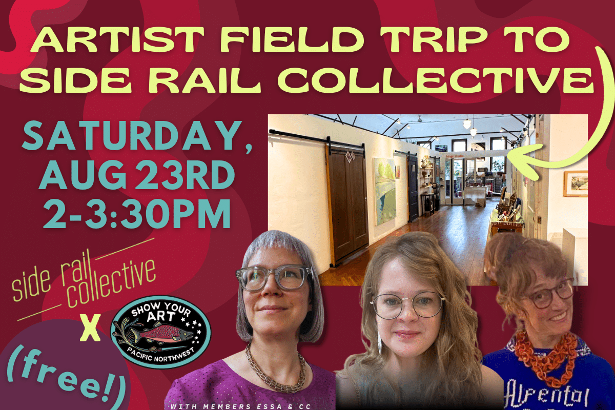 Event flyer for an artist field trip to Side Rail Collective on Saturday, August 23rd, 2-3:30 PM, featuring three people and a gallery interior, labeled as a free event.