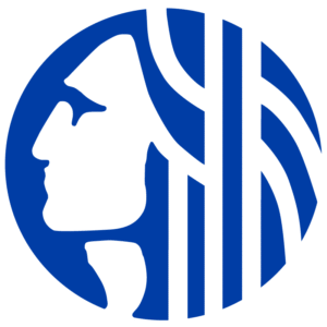 A stylized white profile of a human face with flowing hair is depicted against a blue circular background with vertical and curved lines.