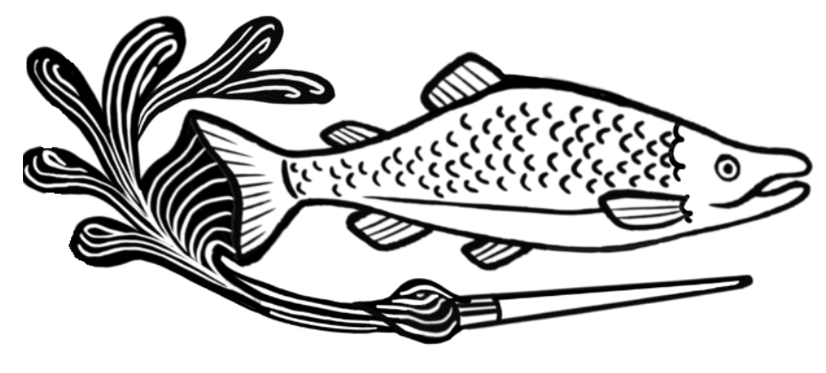 Black and white illustration of a fish, with its tail blending into paint-like splashes attached to a paintbrush.