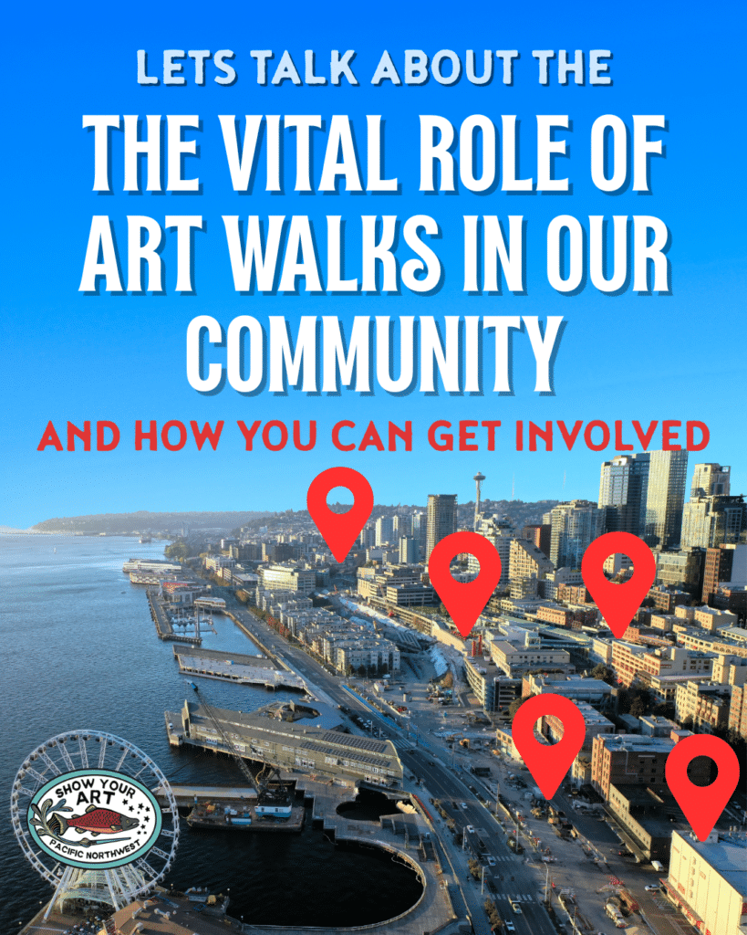 Aerial view of a city waterfront with location markers; text promotes the role of art walks in the community and encourages involvement.